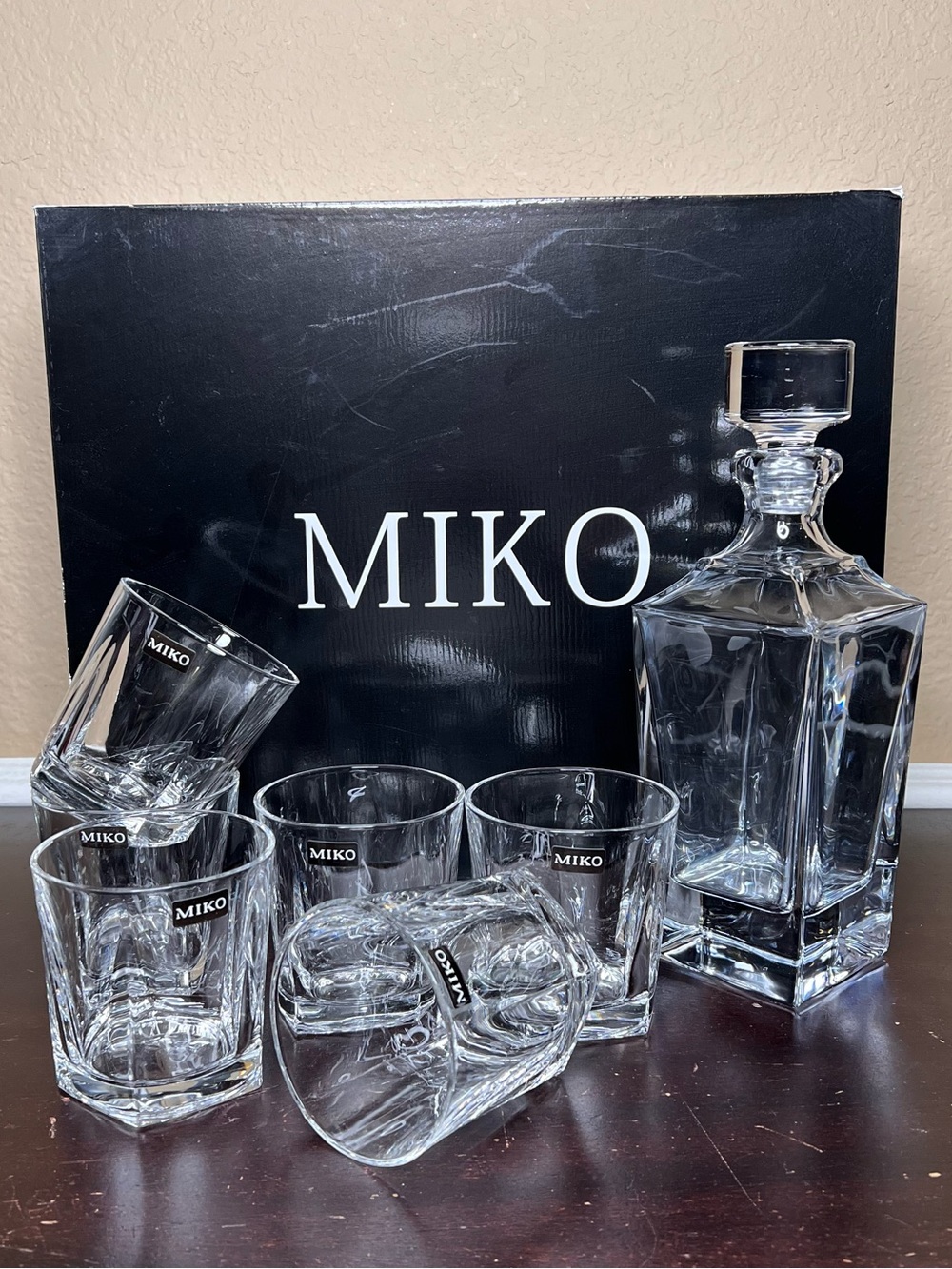 Vintage Miko Heavy Glass Decanter Set, Architectural Whiskey Bar Cart Set, nib